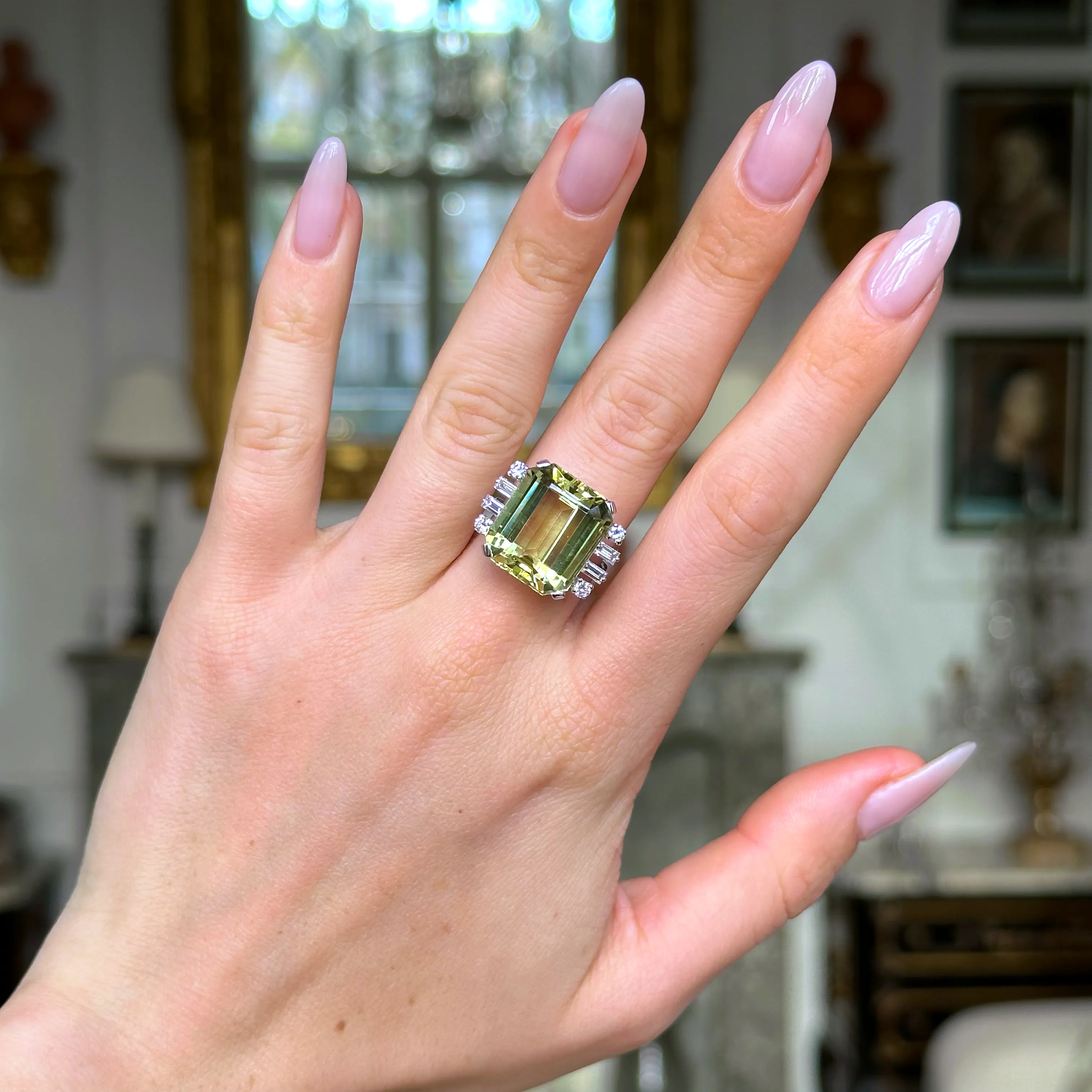 1950s, 15ct green-yellow heliodor & diamond cocktail ring