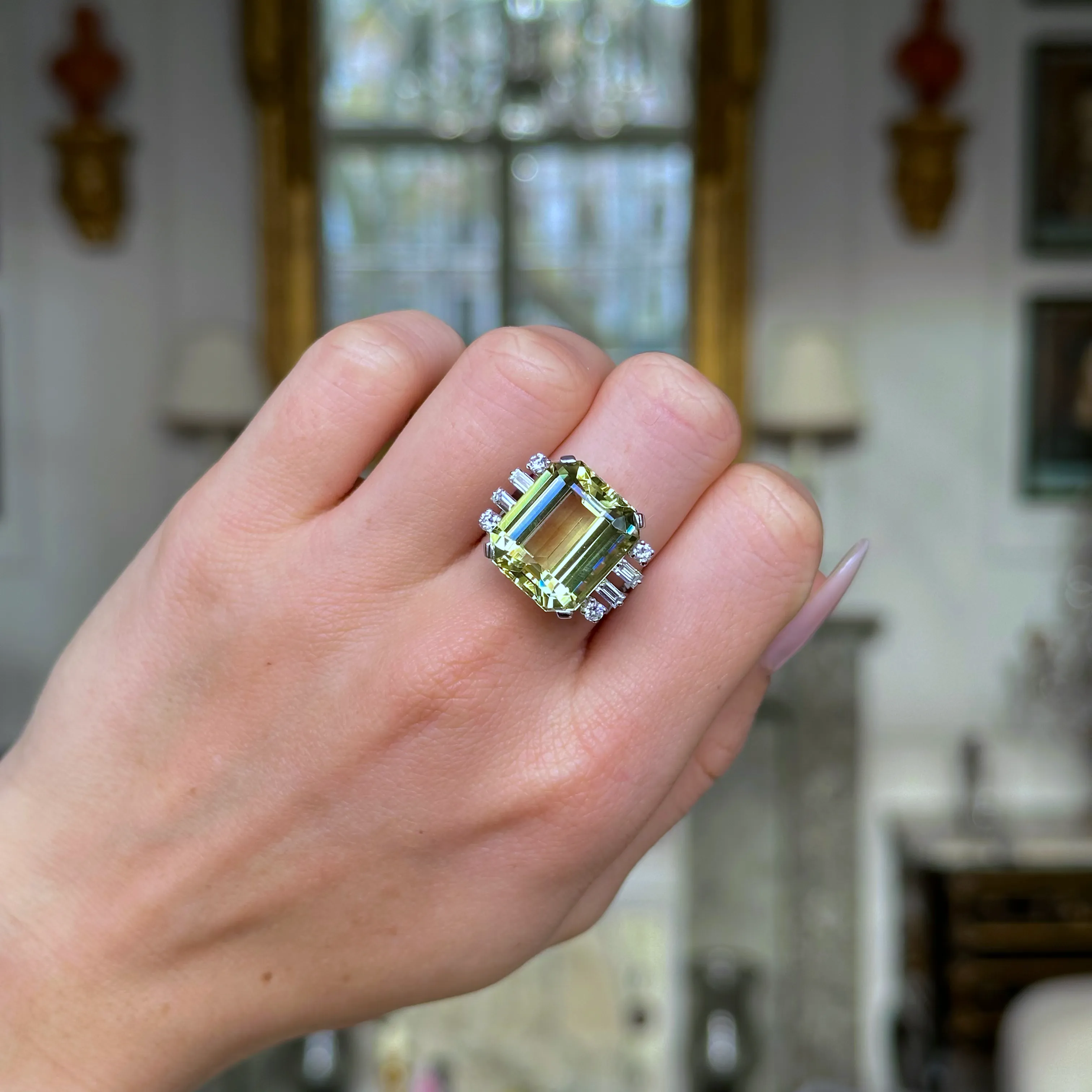 1950s, 15ct green-yellow heliodor & diamond cocktail ring