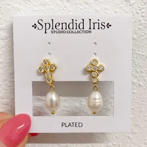 Cross Fresh Water Pearl Drop Earrings