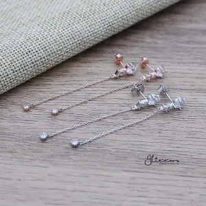 Cubic Zirconia Sterling Silver Post Stud Earrings with Drop Chain C.Z