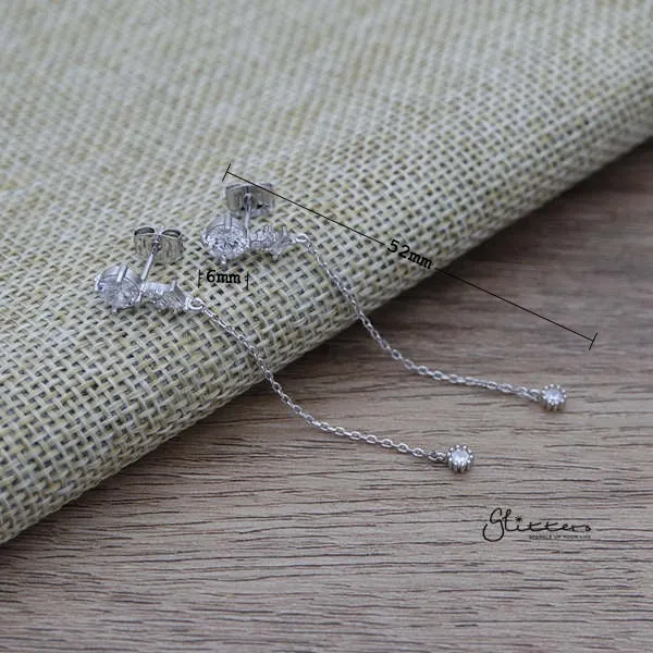 Cubic Zirconia Sterling Silver Post Stud Earrings with Drop Chain C.Z