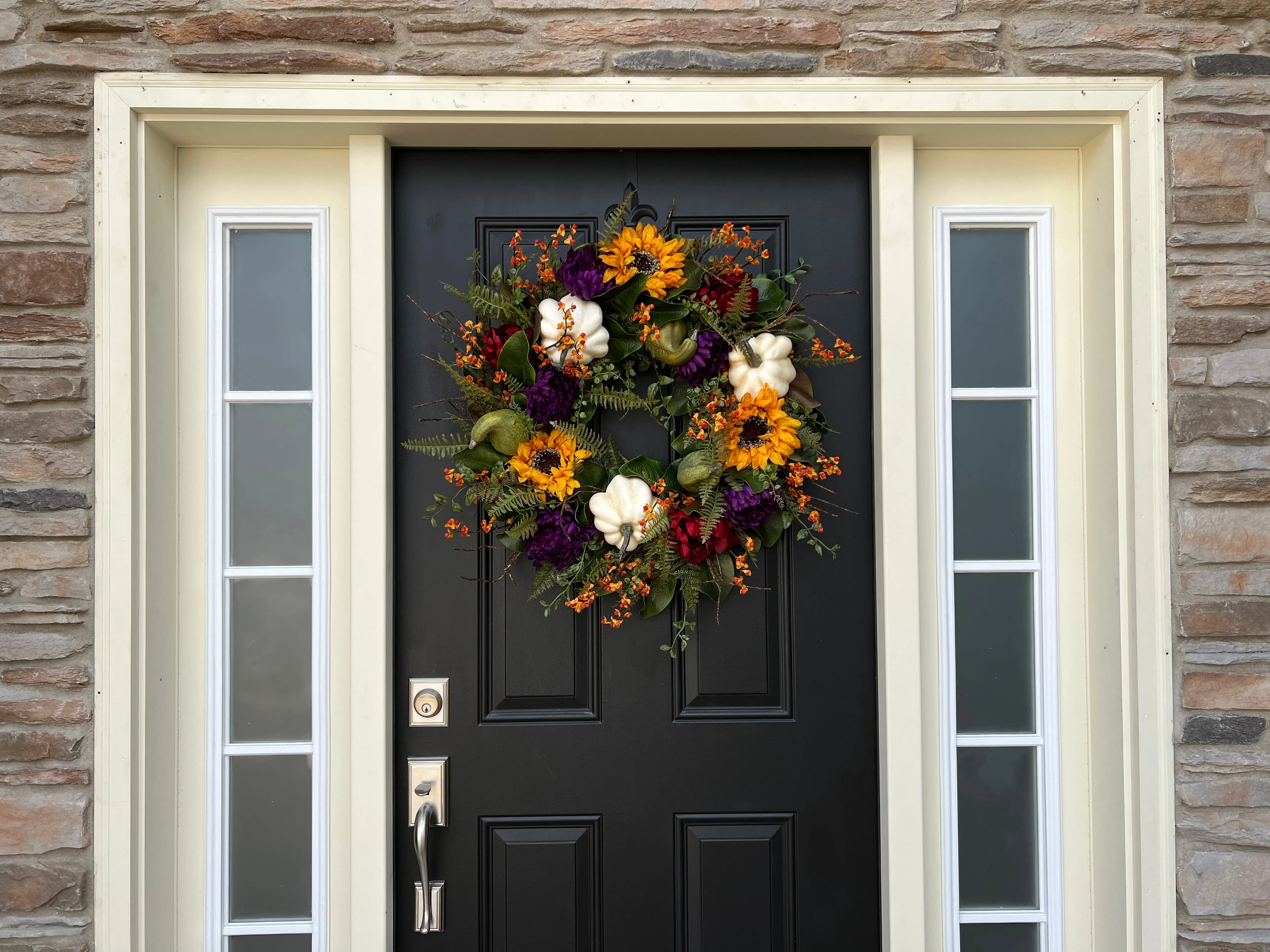 Fall Magnolia, Sunflower, and Cream Pumpkin Front Door Wreath