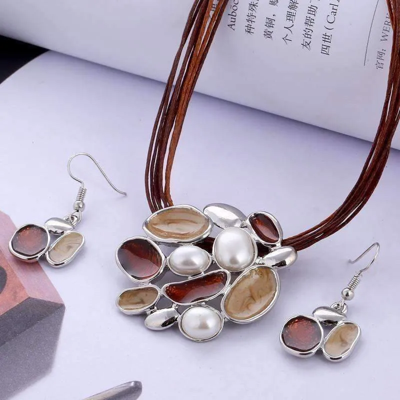 Glossy Enamel Cluster Necklace and Earrings Set - In Three Colors