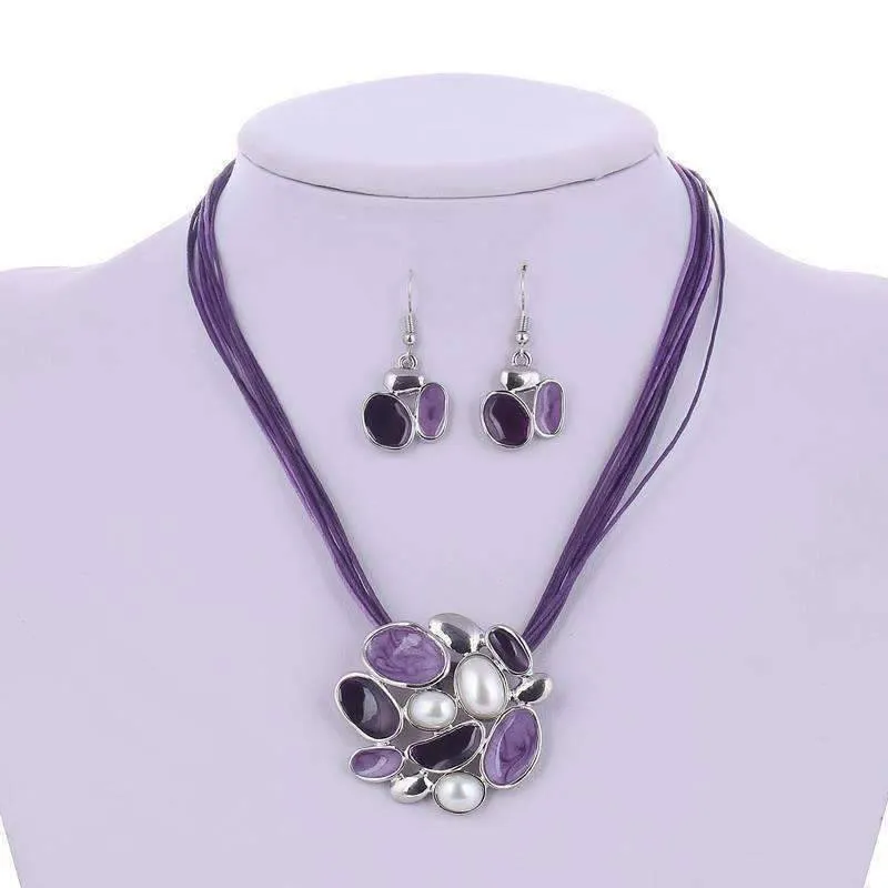 Glossy Enamel Cluster Necklace and Earrings Set - In Three Colors