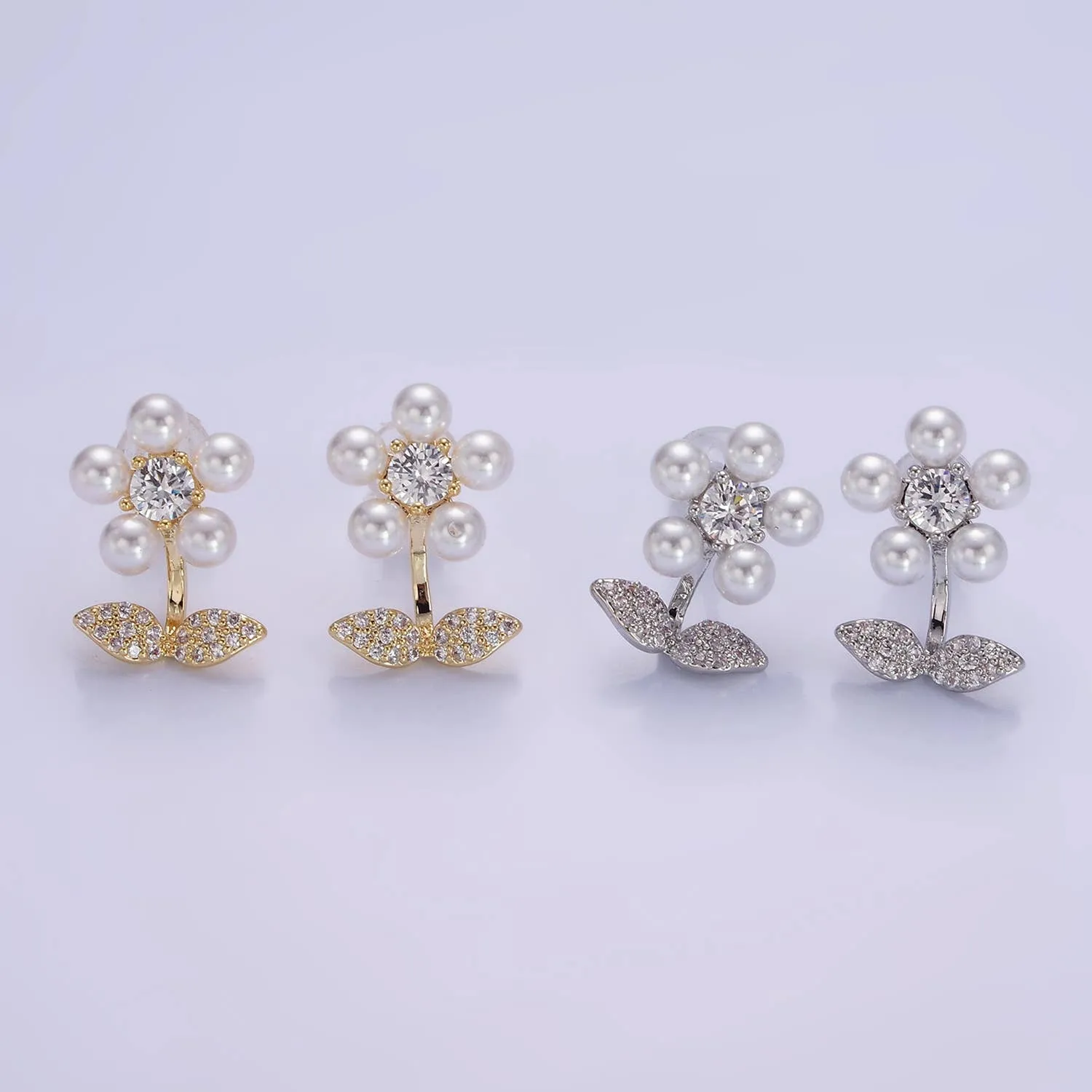 Gold Pearl Flower Stud Earrings