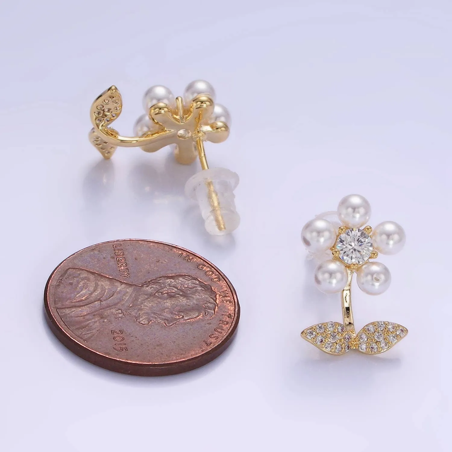 Gold Pearl Flower Stud Earrings