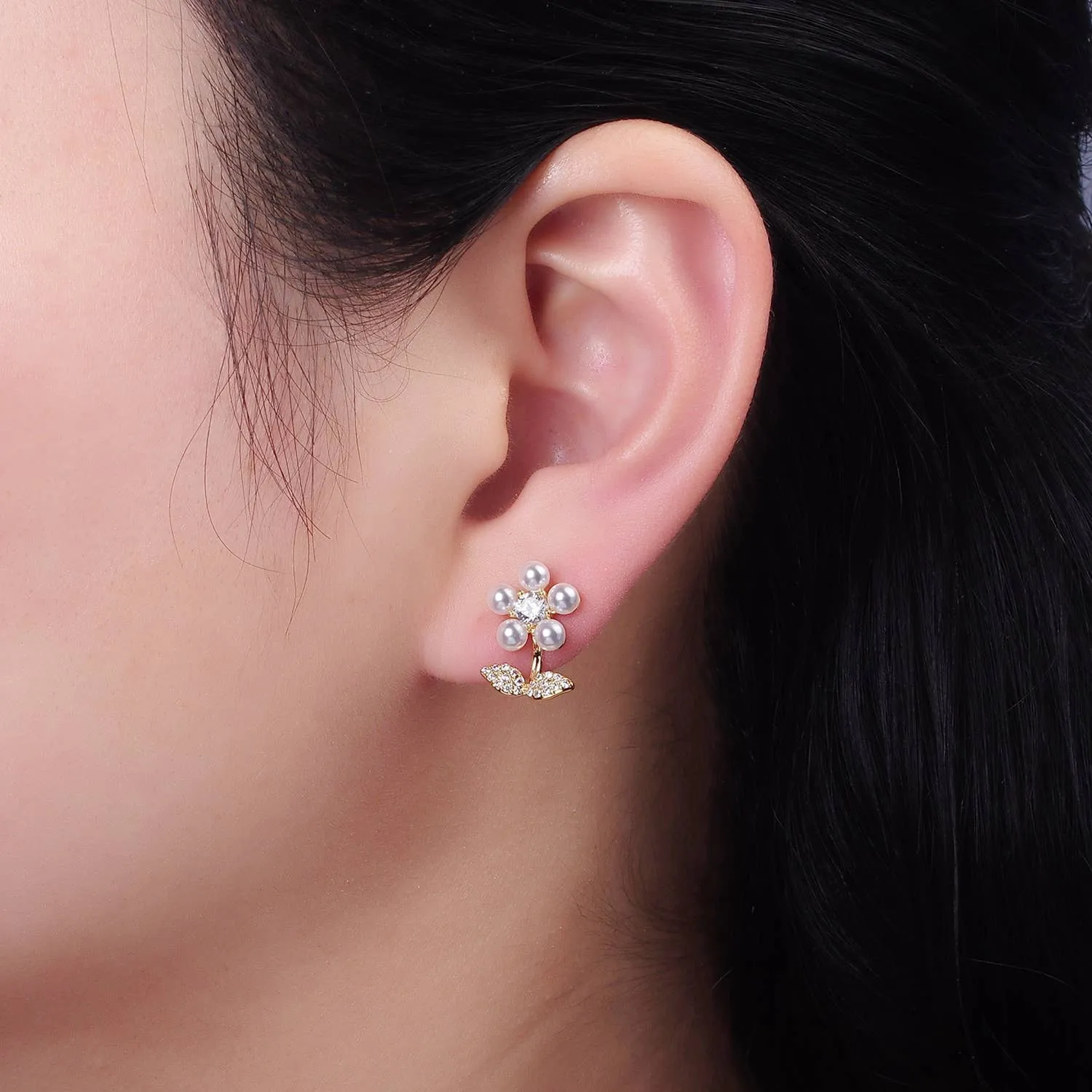 Gold Pearl Flower Stud Earrings