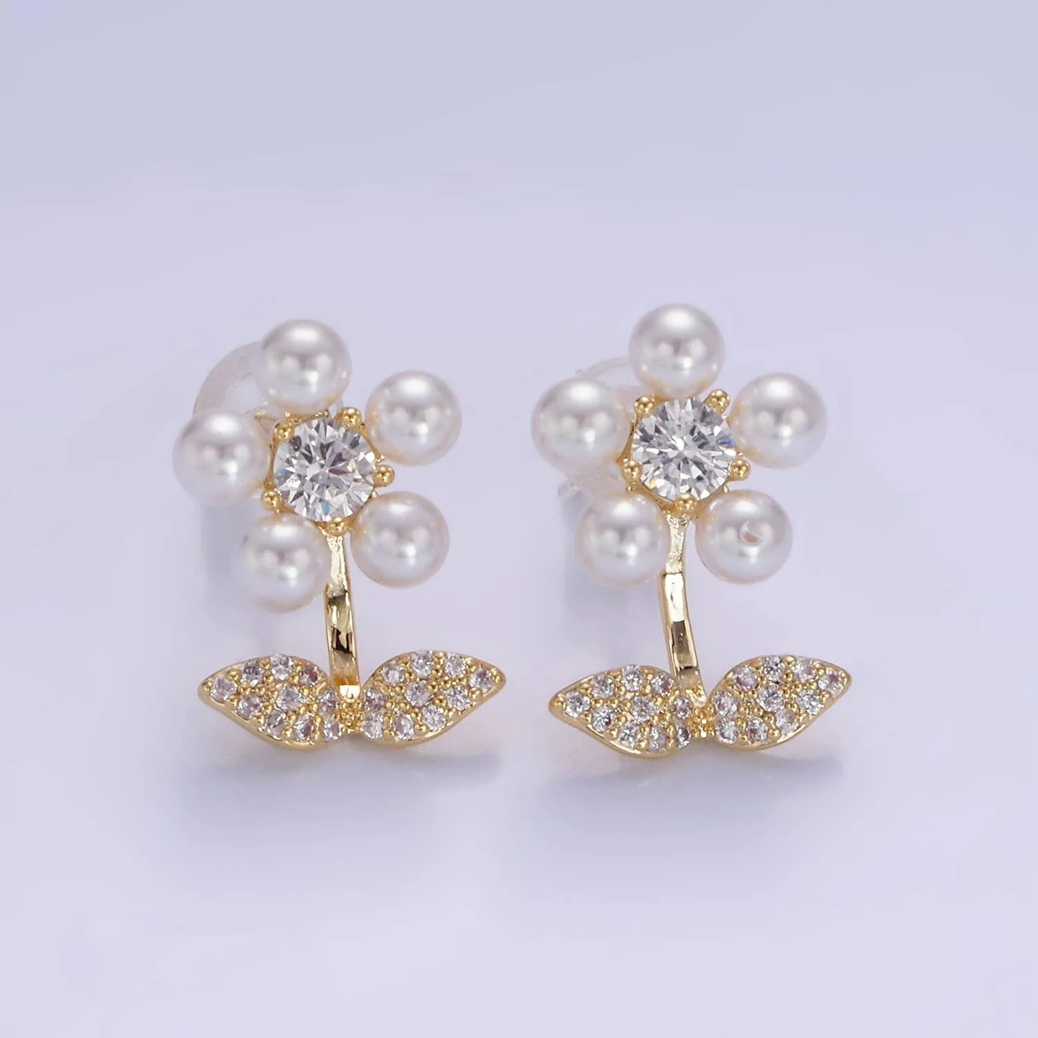 Gold Pearl Flower Stud Earrings