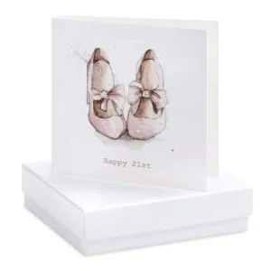 Happy 21st Pink Shoe Silver Earrings on Designer card by Crumble and Core