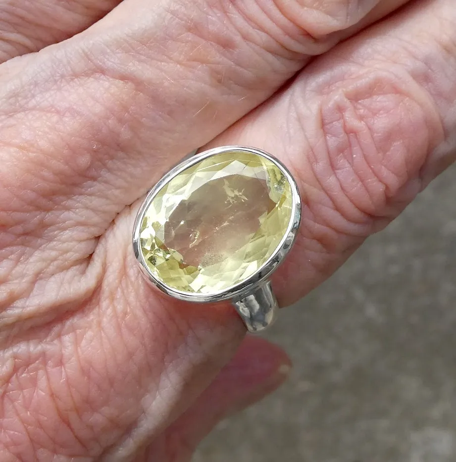 Heliodor Ring, Golden Beryl, Faceted Oblong, 925 Sterling Silver,Size 8.75