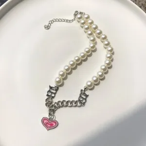 HUANZHI Vintage Sweet Choker Weave Pearls Choker Red Heart Colorful Beaded Irregular Flowers Rhinestone Necklace for Women
