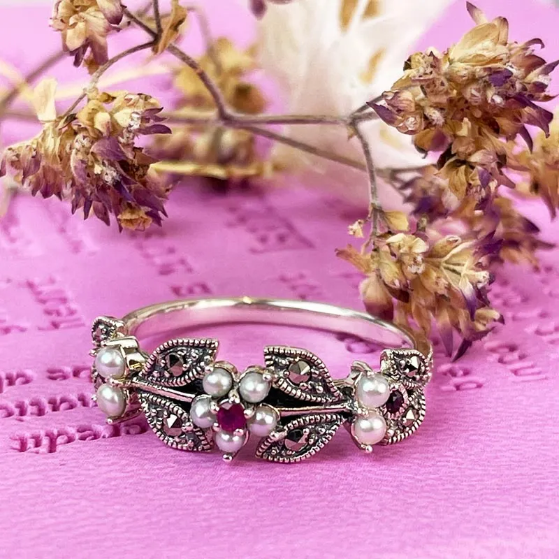 Jane Austen Ring - Silver, Freshwater Pearl and Marcasite Elliot Ruby