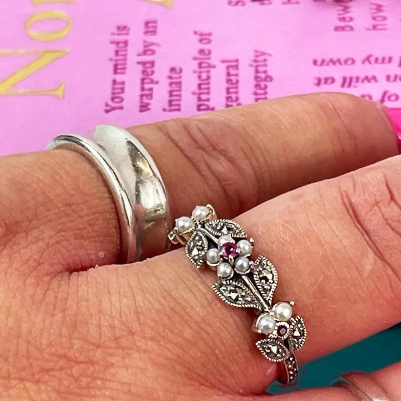 Jane Austen Ring - Silver, Freshwater Pearl and Marcasite Elliot Ruby