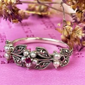 Jane Austen Ring - Silver, Freshwater Pearl and Marcasite Elliot Ruby