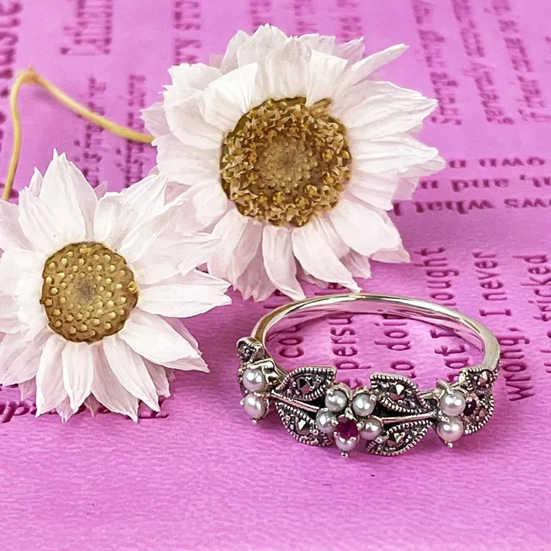 Jane Austen Ring - Silver, Freshwater Pearl and Marcasite Elliot Ruby