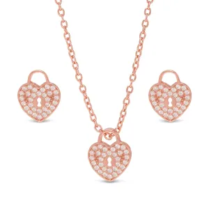 Lily Nily Pave CZ Heart Lock Necklace and Earrings Set in Rose Gold