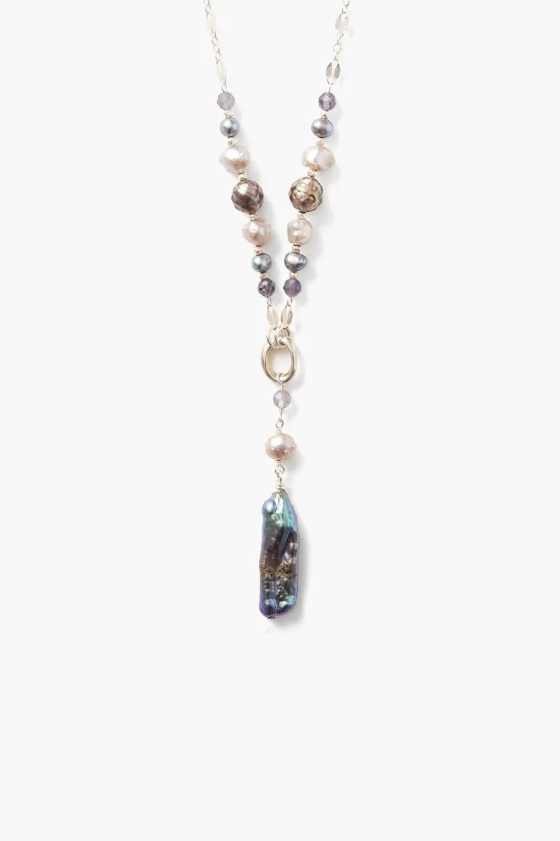 Long Grey Pearl & Iolite Necklace