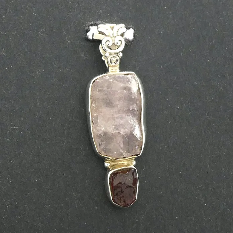 Morganite Pendant with Garnet, Raw Stones, 925 Sterling Silver rx