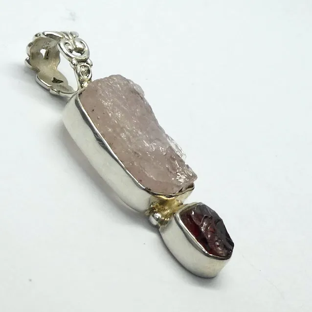 Morganite Pendant with Garnet, Raw Stones, 925 Sterling Silver rx