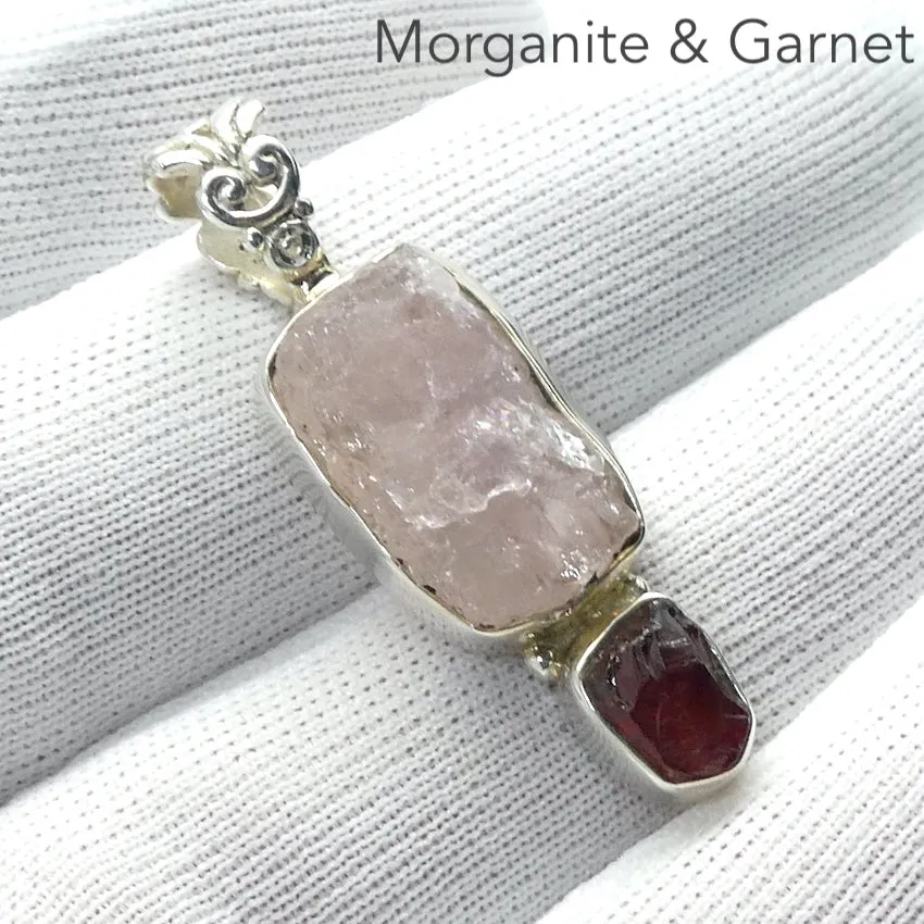 Morganite Pendant with Garnet, Raw Stones, 925 Sterling Silver rx