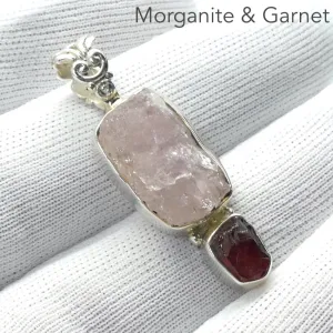 Morganite Pendant with Garnet, Raw Stones, 925 Sterling Silver rx