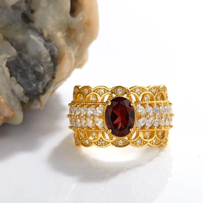 S925 Sterling Silver Inlaid Natural Pomegranate Vintage Lace Ring