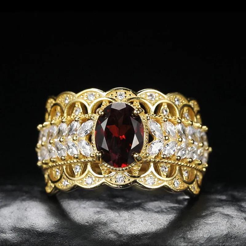 S925 Sterling Silver Inlaid Natural Pomegranate Vintage Lace Ring