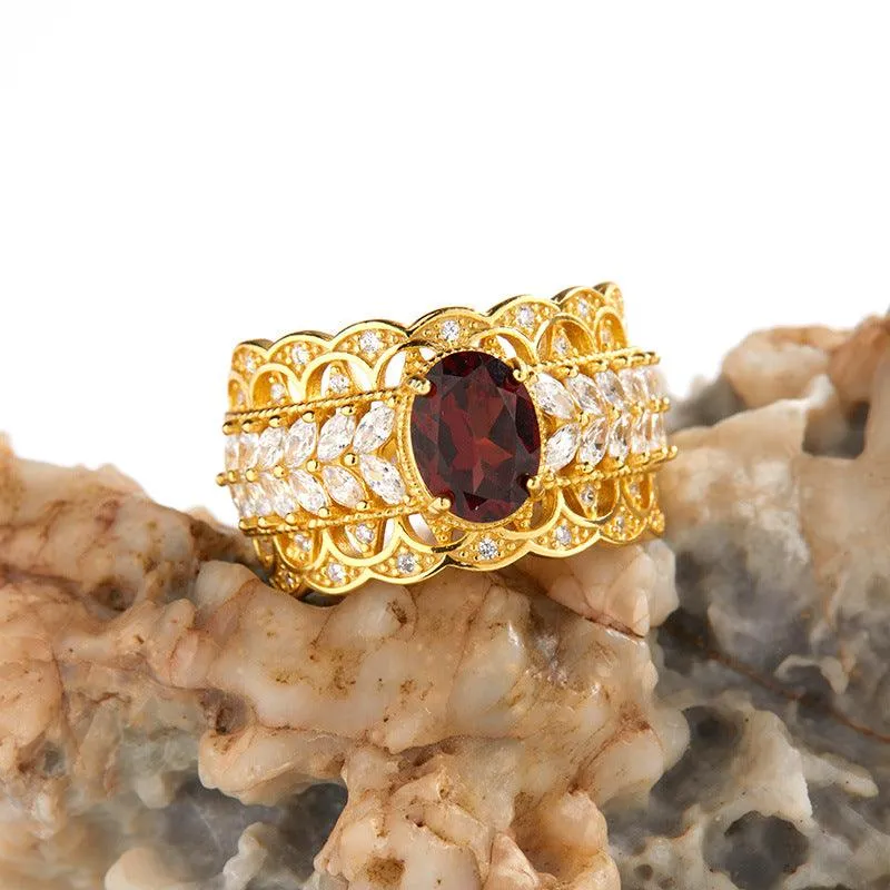 S925 Sterling Silver Inlaid Natural Pomegranate Vintage Lace Ring