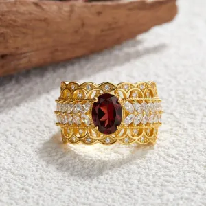 S925 Sterling Silver Inlaid Natural Pomegranate Vintage Lace Ring