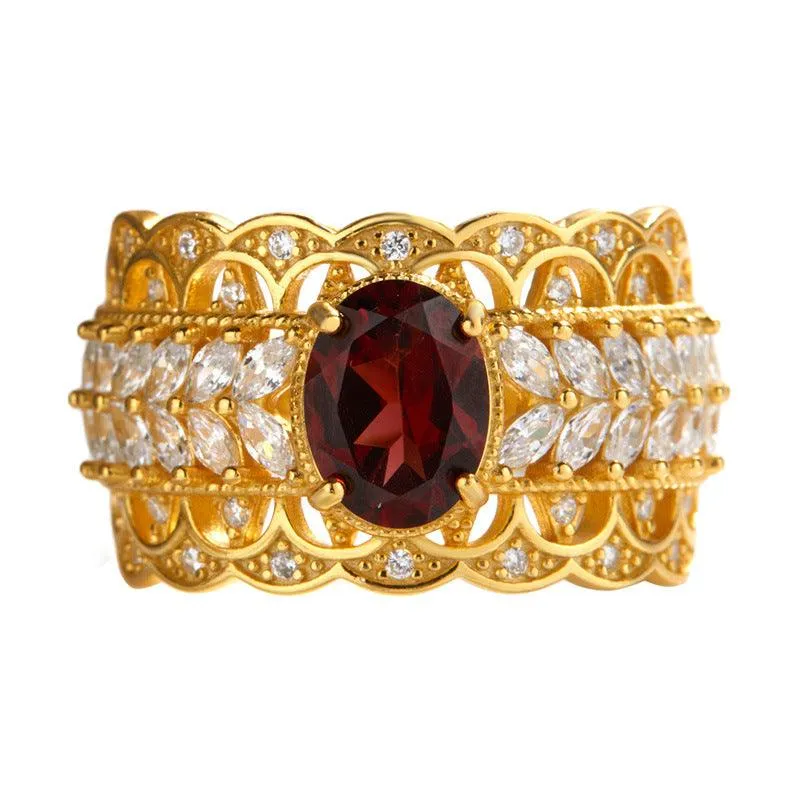 S925 Sterling Silver Inlaid Natural Pomegranate Vintage Lace Ring